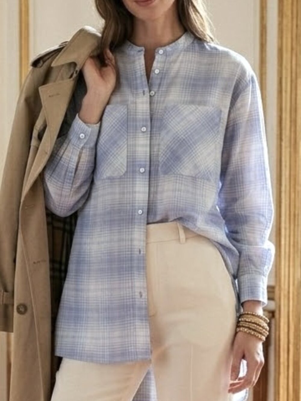 Wrap London Plaid Button Up Women's Cotton Long Sleeve Preppy Peasant Blouse 4